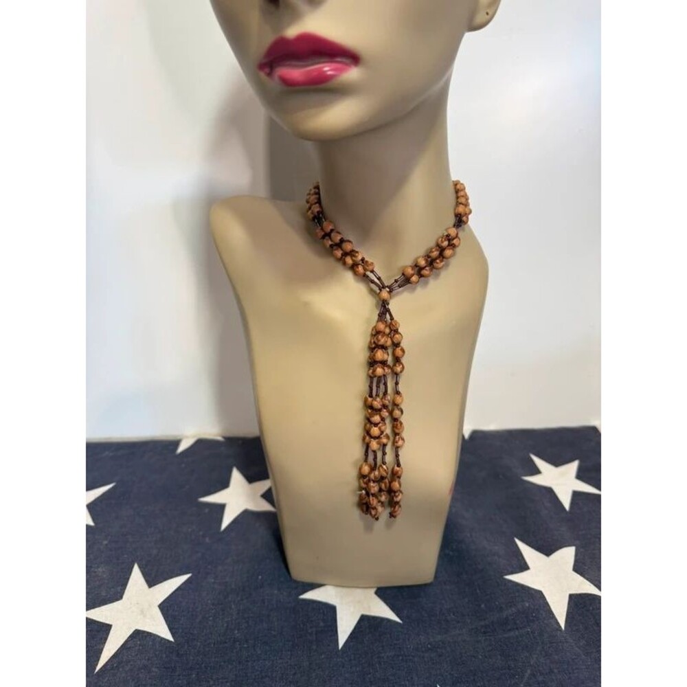 Natural Job’s Tears Seed & Bugle Bead Lariat Tassel Necklace
